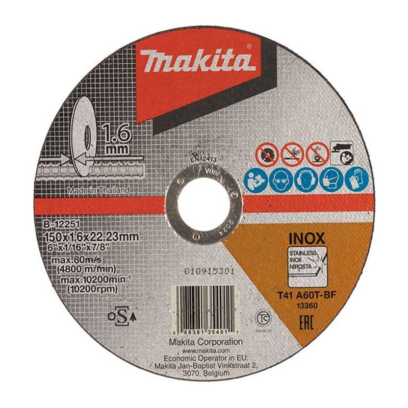 Đá cắt Inox 150mm (6 inch) Makita B-12251 dày 1.6mm, lỗ cốt 23.23mm, đĩa phẳng ( Cấp 3 sao)