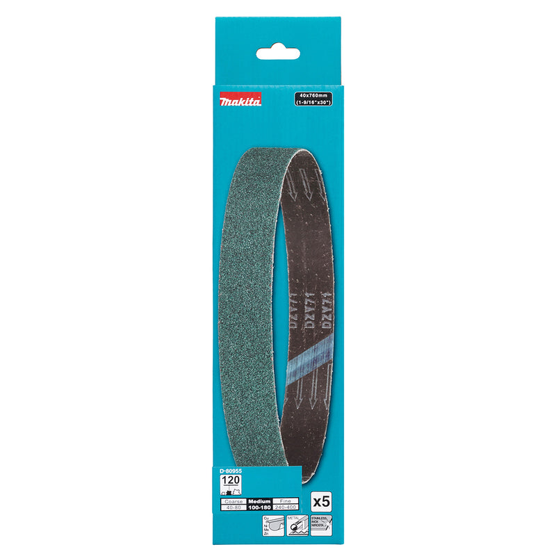 Hộp 5 giấy nhám băng, hạt Zirconia, cho kim loại Makita kích thước 40mm x 760mm, cỡ hạt từ Z40 - Z120