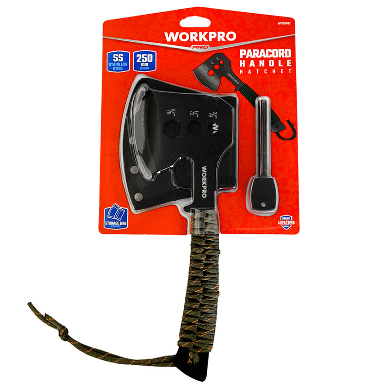 Rìu cắm trại đa năng Workpro WP383002, kích thước 250mm (10 inch), tay cầm quấn dây dù, lưỡi rìu bằng thép không gỉ