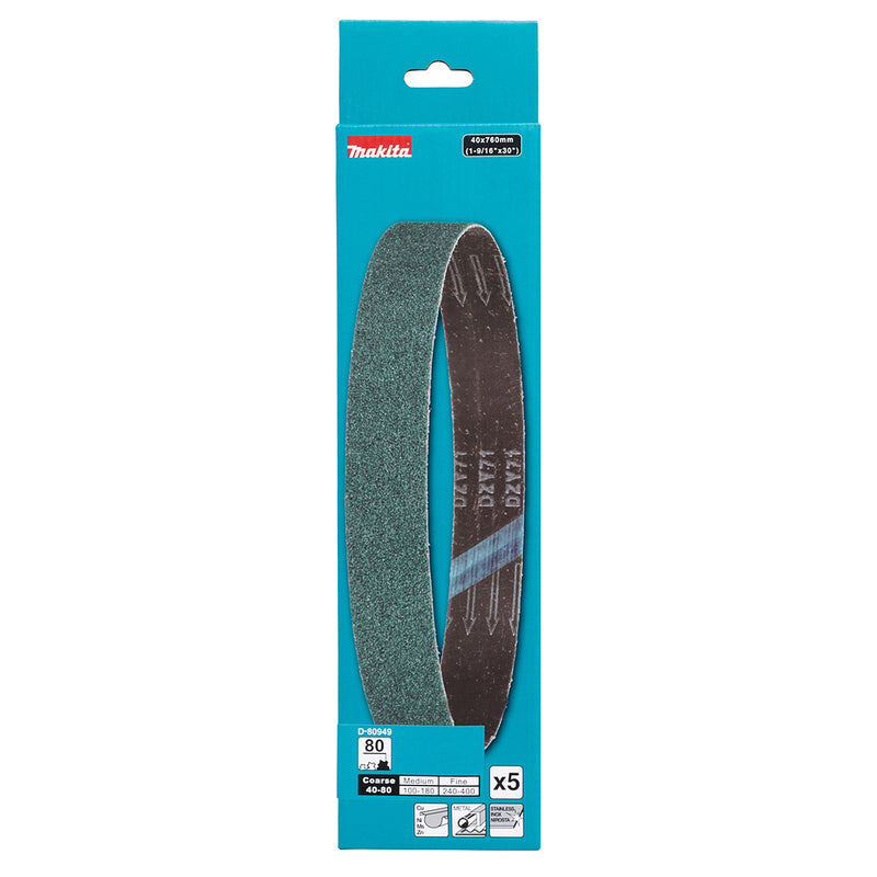 Hộp 5 giấy nhám băng, hạt Zirconia, cho kim loại Makita kích thước 40mm x 760mm, cỡ hạt từ Z40 - Z120