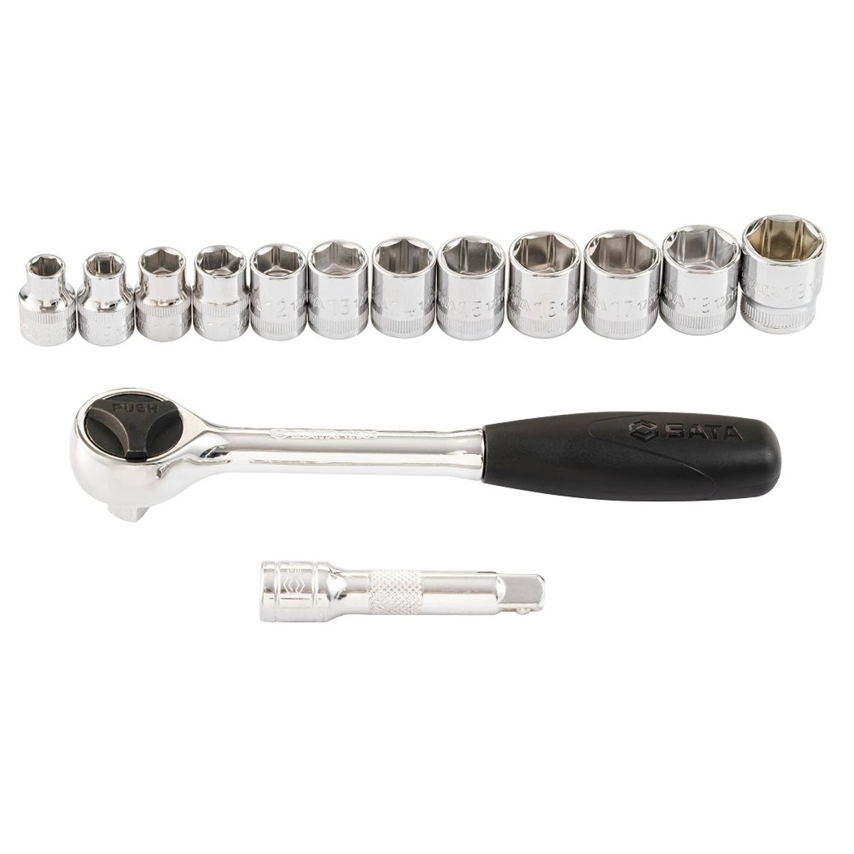 Bộ đầu tuýp, kèm cần siết 14 chi tiết SATA 09523 cốt 3/8 inch kích thước từ 8mm - 19mm