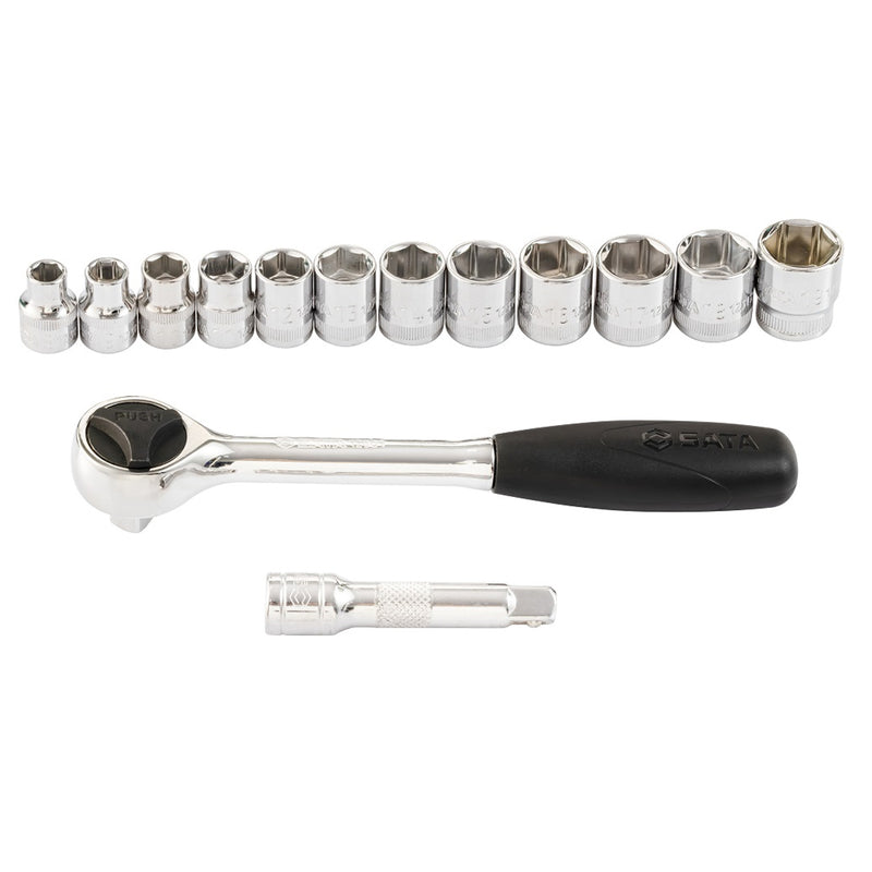 Bộ đầu tuýp, kèm cần siết 14 chi tiết SATA 09523 cốt 3/8 inch kích thước từ 8mm - 19mm