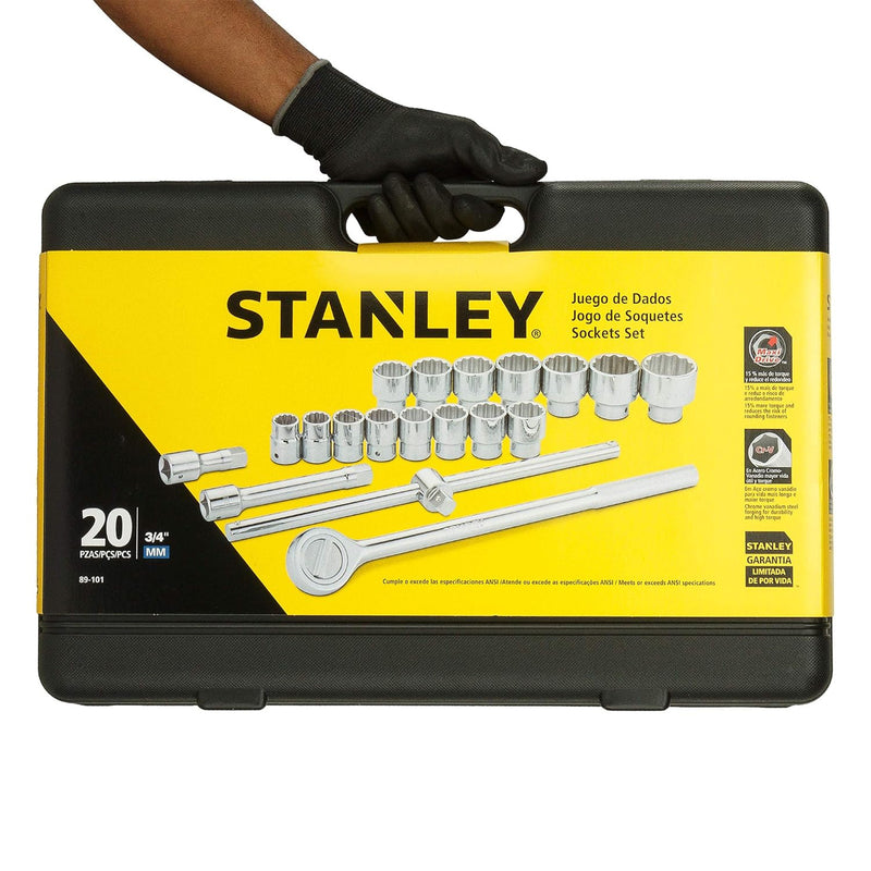 Bộ đầu tuýp kèm cần siết cốt 3/4 inch, 20 chi tiết Stanley 89-101 kích thước từ 22mm - 50mm