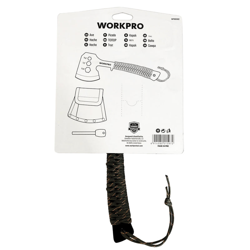 Rìu cắm trại đa năng Workpro WP383002, kích thước 250mm (10 inch), tay cầm quấn dây dù, lưỡi rìu bằng thép không gỉ