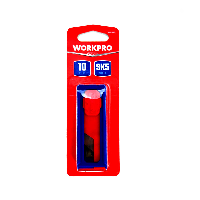 Hộp 10 lưỡi dao rọc đa năng (loại nhọn 2 đầu) bằng thép SK5, chứa trong hộp nhựa loại tốt Workpro WP213002
