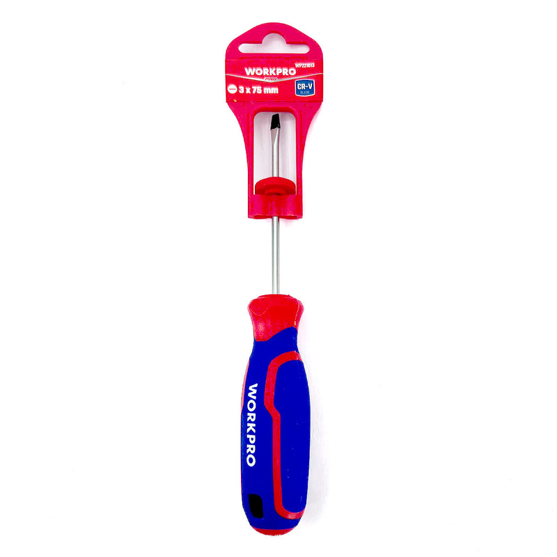 Tua vít đầu dẹp (-) thép CR-V mạ chrome, có nam châm, tay cầm bọc nhựa cao su 3 màu chống trơn trượt Workpro