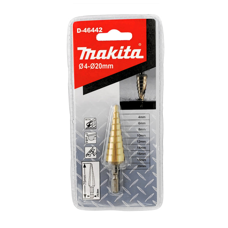 Mũi khoan tháp rãnh thẳng Makita đuôi lục giác 6.35mm ( 1/4 inch ) bề mặt phủ Ti-tan, đường kính từ 4mm-20mm