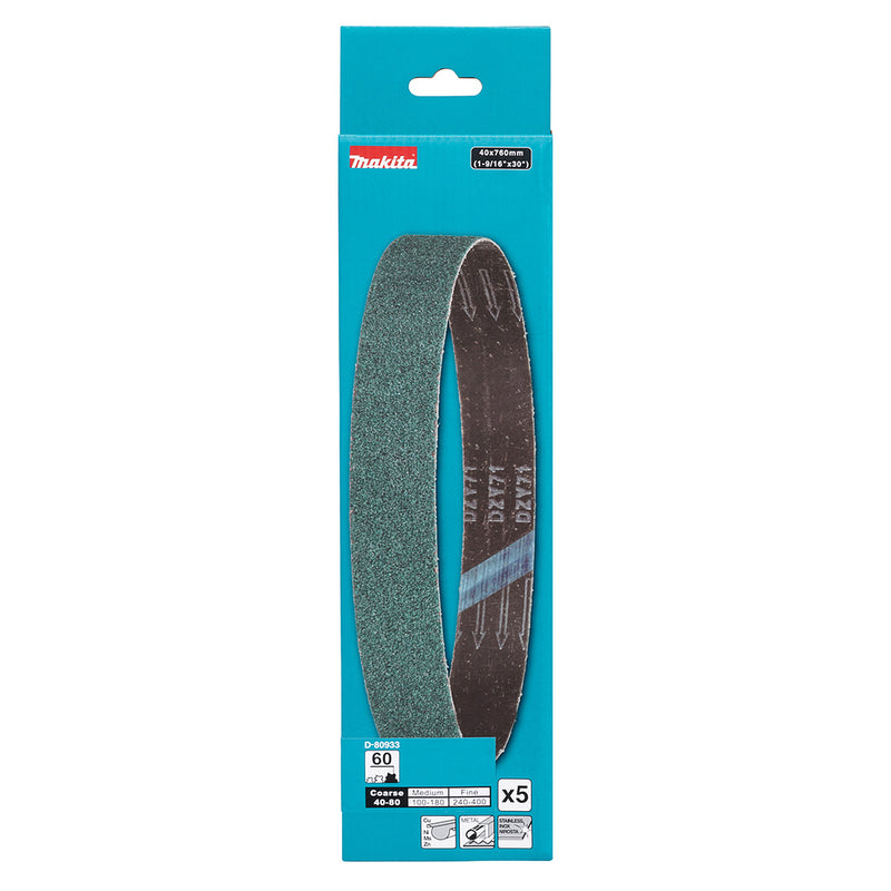 Hộp 5 giấy nhám băng, hạt Zirconia, cho kim loại Makita kích thước 40mm x 760mm, cỡ hạt từ Z40 - Z120