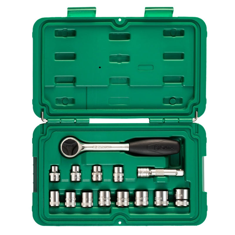 Bộ đầu tuýp, kèm cần siết 14 chi tiết SATA 09523 cốt 3/8 inch kích thước từ 8mm - 19mm