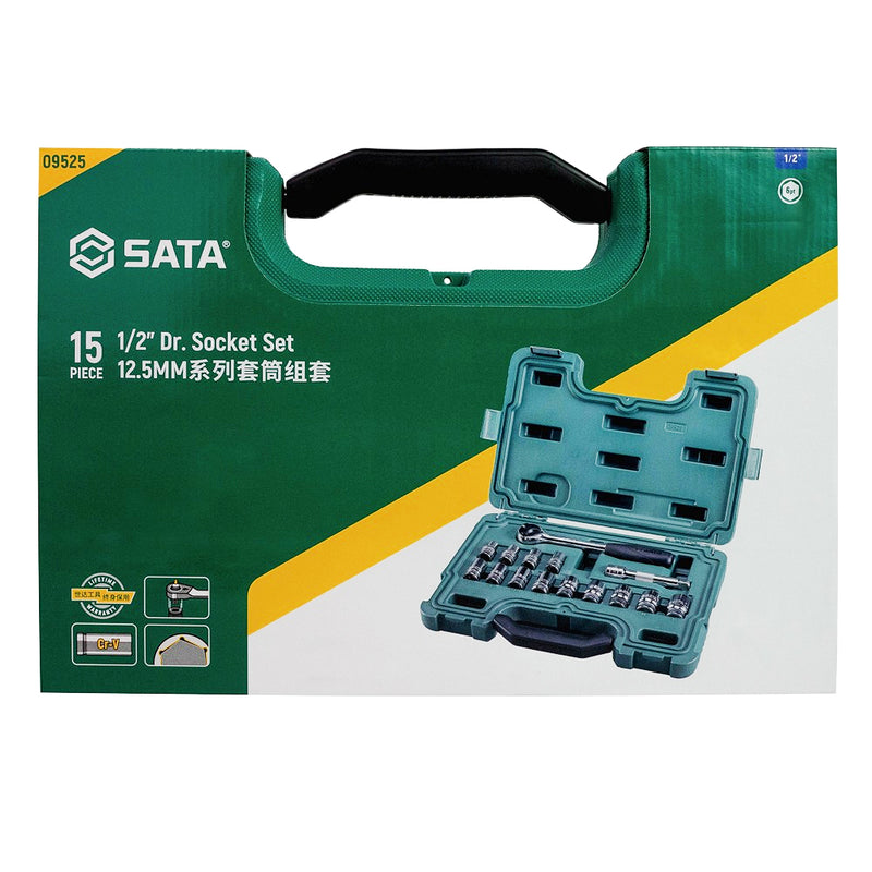 Bộ đầu tuýp kèm cần siết 15 chi tiết SATA 09525 cốt 1/2 inch, kích thước từ 10mm - 24mm