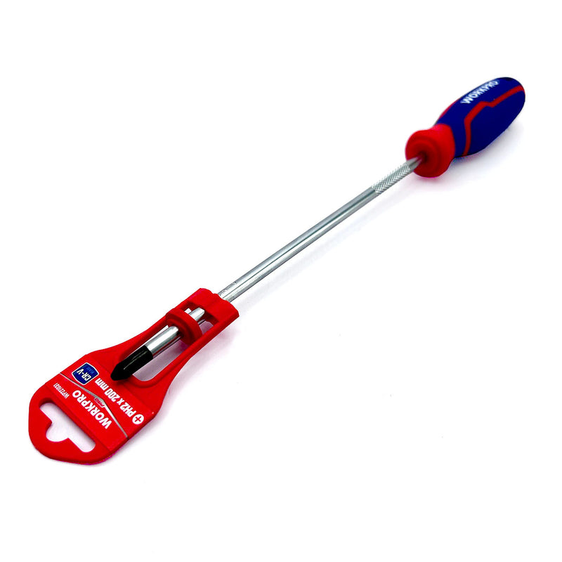 Tua vít đầu bake (+) thép CR-V mạ chrome, có nam châm, tay cầm bọc nhựa cao su 3 màu chống trơn trượt Workpro