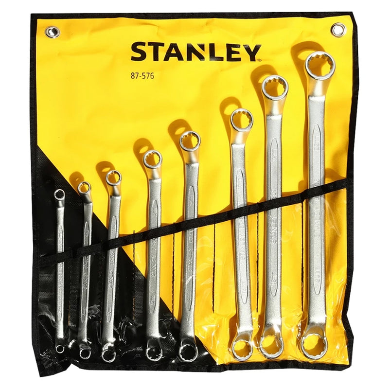 Bộ cờ lê 2 đầu vòng góc lệch 75° hệ mét 8 chi tiết Stanley 87-576-1 kích thước từ 6mm đến 22mm đựng trong túi vải cuộn màu vàng đen