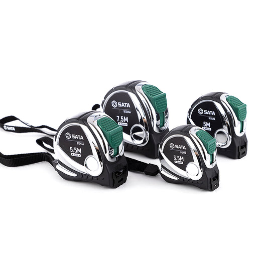 Thước cuộn thép SATA 3.5m - 7.5m bền bỉ, vỏ bọc cao su chống va đập, vạch chia 2 mặt rõ nét.