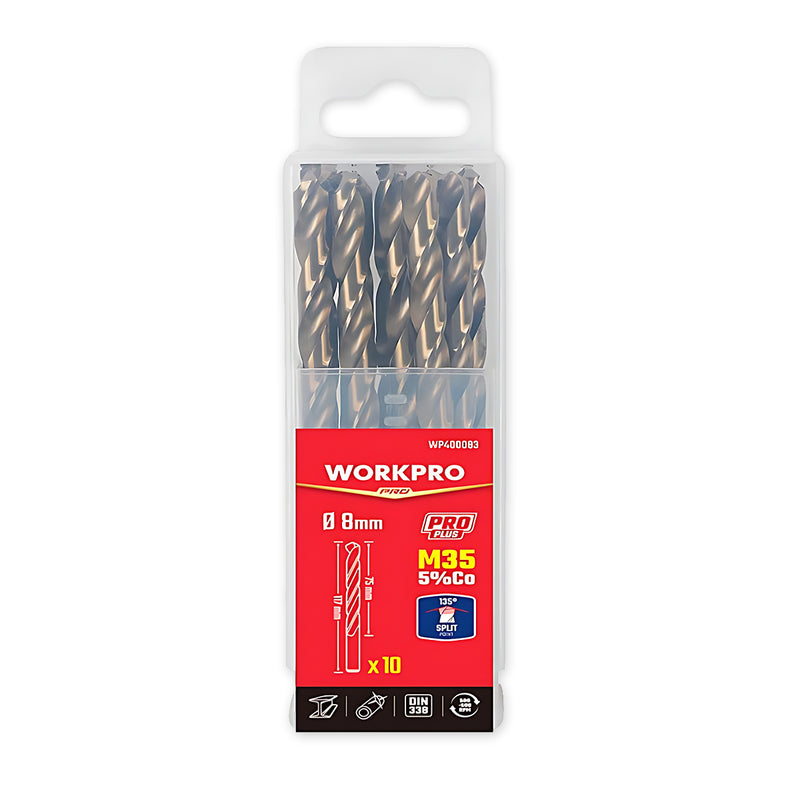 Hộp mũi khoan Inox Workpro, chủng loại HSS-G, cấp thép M35 Coban 5%, phôi thép xoắn, kích thước từ 1mm - 13mm