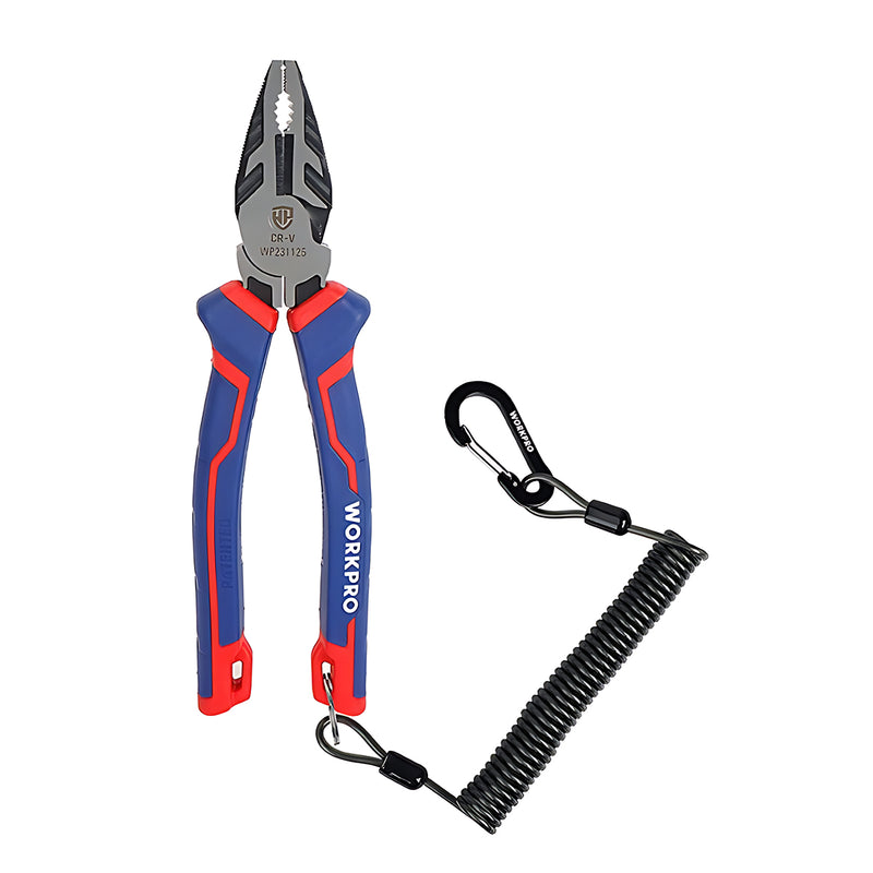 Kiềm đa năng 200mm (8 inch) Workpro WP231125, vật liệu thép CR-V, tích hợp móc treo an toàn, hàm kẹp cải tiến và tước dây điện