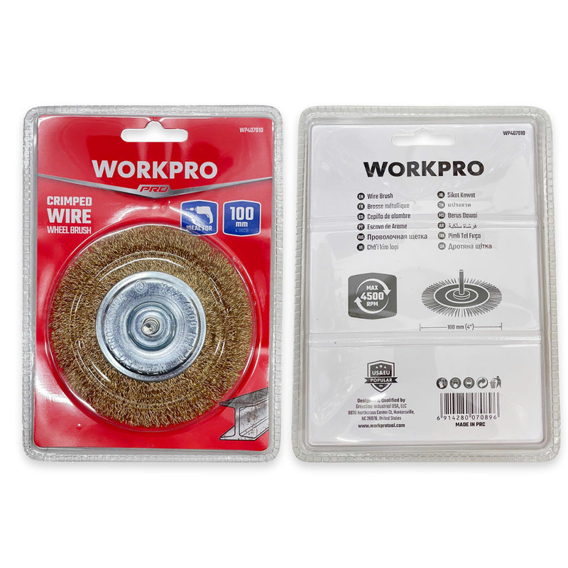 Chổi cước bánh xe, sợi thép màu vàng gắn đầu máy khoan Workpro đường kính từ 64mm - 100mm