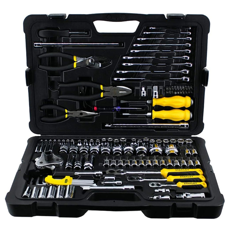 Bộ dụng cụ tổng hợp 125 chi tiết Stanley STMT74393-8-23 gồm đầu tuýp 1/4", 3/8", 1/2", cờ lê, kìm và van mở lọc dầu