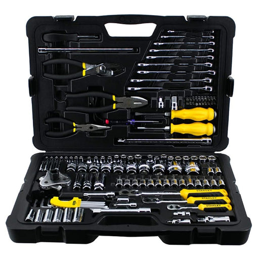Bộ dụng cụ tổng hợp 125 chi tiết Stanley STMT74393-8-23 gồm đầu tuýp 1/4", 3/8", 1/2", cờ lê, kìm và van mở lọc dầu