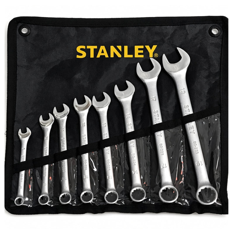 Bộ cờ lê vòng miệng hệ mét 8 chi tiết Stanley STMT80940-8 kích thước 8mm đến 19mm đựng trong túi vải cuộn màu đen