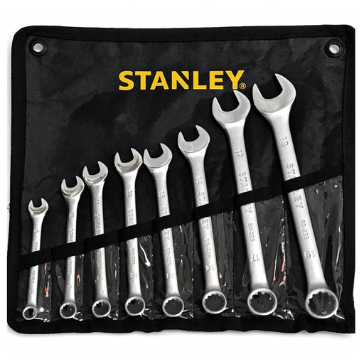 Bộ cờ lê vòng miệng hệ mét 8 chi tiết Stanley STMT80940-8 kích thước 8mm đến 19mm đựng trong túi vải cuộn màu đen