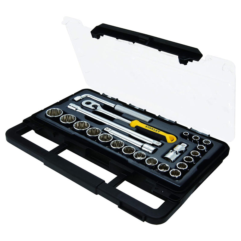 Bộ đầu tuýp 12 cạnh kèm cần siết cốt 1/2 inch 23 chi tiết Stanley STMT74726-8C đựng trong hộp nhựa nắp trong suốt