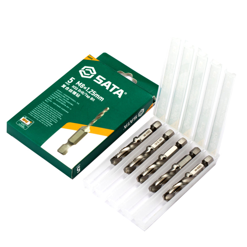 Bộ 5 mũi khoan taro ren SATA M3-M10 HSS đuôi lục giác 7.2mm, tích hợp khoan taro và loại bỏ ba via.