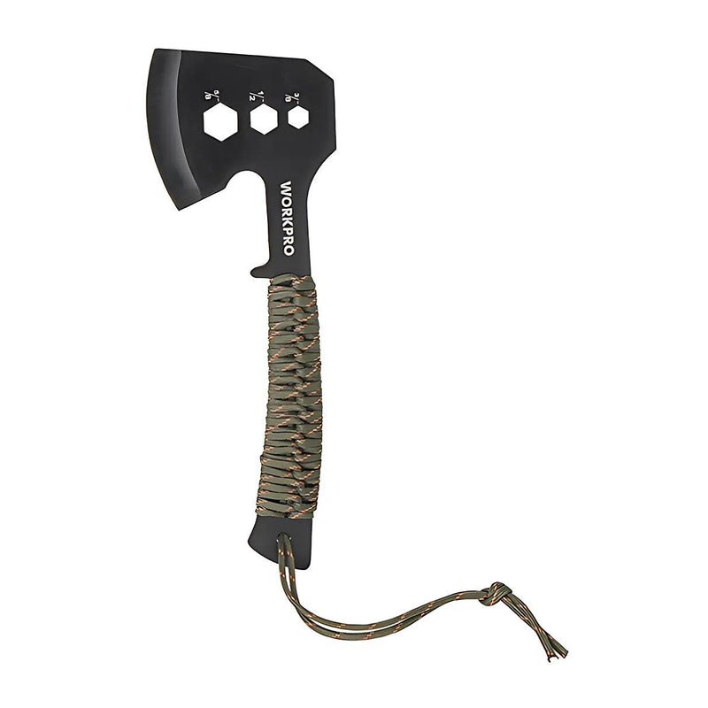 Rìu cắm trại đa năng Workpro WP383002, kích thước 250mm (10 inch), tay cầm quấn dây dù, lưỡi rìu bằng thép không gỉ