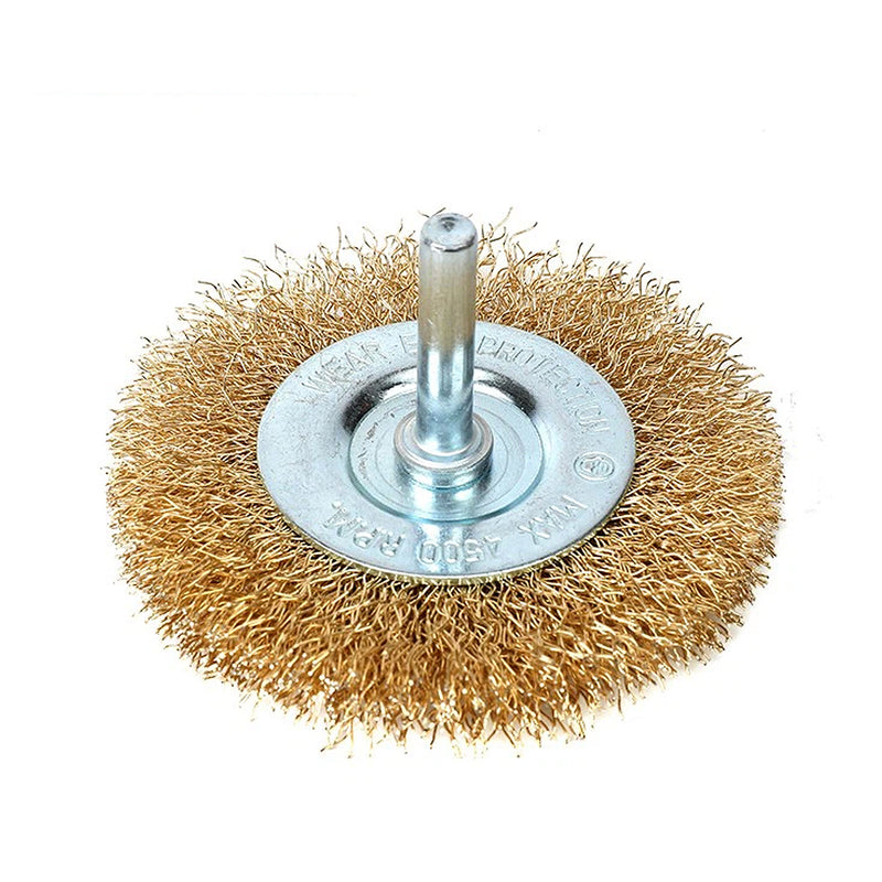 Chổi cước bánh xe, sợi thép màu vàng gắn đầu máy khoan Workpro đường kính từ 64mm - 100mm