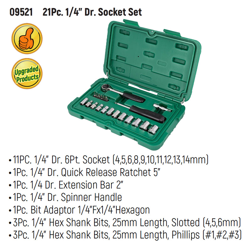 Bộ đầu tuýp kèm cần siết 21 chi tiết SATA 09521 cốt 1/4 inch, kích thước từ 4mm - 14mm