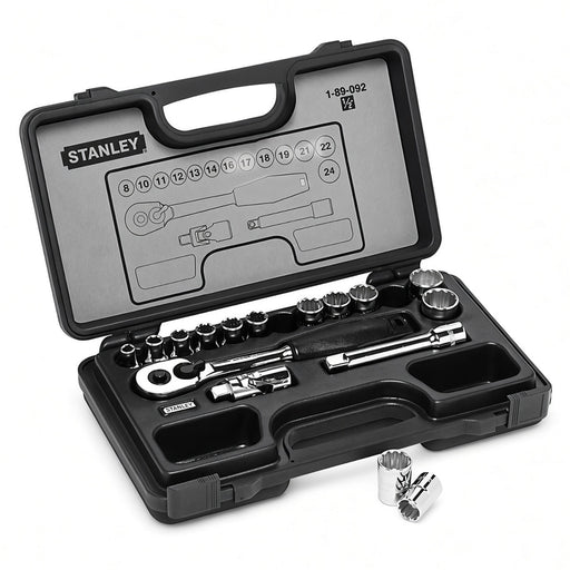Bộ đầu tuýp 12 cạnh kèm cần siết cốt 1/2 inch 16 chi tiết Stanley 89-092-1 đựng trong hộp nhựa đen