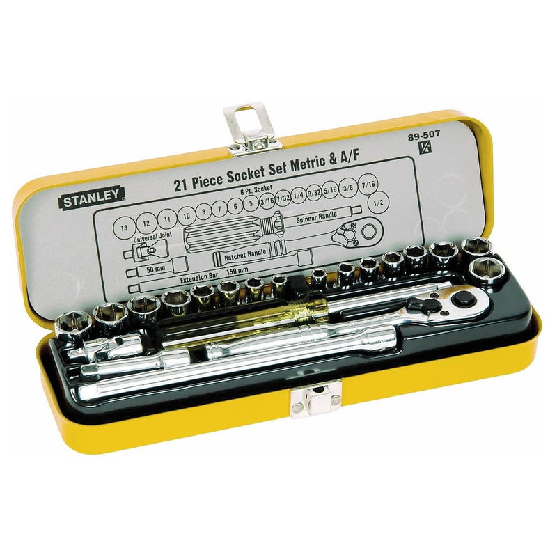 Bộ đầu tuýp hệ mét và hệ inch kèm cần siết cốt 1/4 inch 21 chi tiết Stanley 89-507 đựng trong hộp sắt vàng