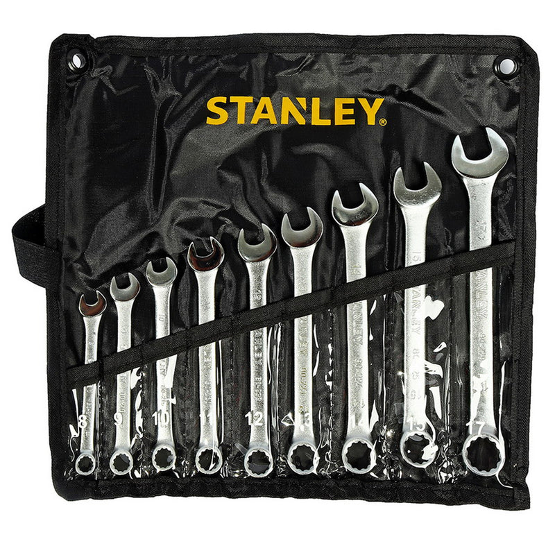 Bộ cờ lê vòng miệng hệ mét 9 chi tiết Stanley STMT80941-8 kích thước 8mm đến 17mm đựng trong túi vải cuộn màu đen
