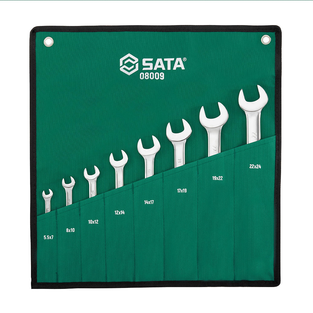 Bộ cờ lê hai đầu miệng SATA 08009 8 chi tiết 5.5-24mm, Cr-V, mạ Chrome, góc nghiêng 15°.