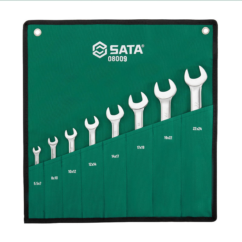 Bộ cờ lê hai đầu miệng SATA 08009 8 chi tiết 5.5-24mm, Cr-V, mạ Chrome, góc nghiêng 15°.