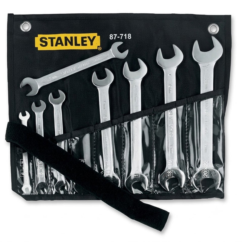 Bộ cờ lê 2 đầu miệng Slimline hệ mét 8 chi tiết Stanley 87-718-1 kích thước từ 6mm đến 22mm đựng trong túi vải cuộn màu đen