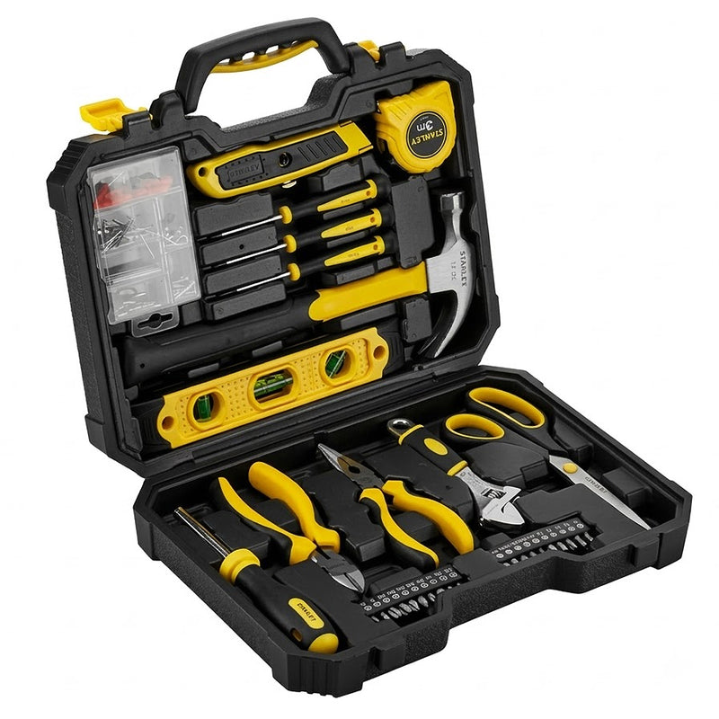 Bộ dụng cụ tổng hợp 134 chi tiết Stanley STHT80960 gồm tuýp 1/4" và 3/8", cờ lê, kìm, búa và thước