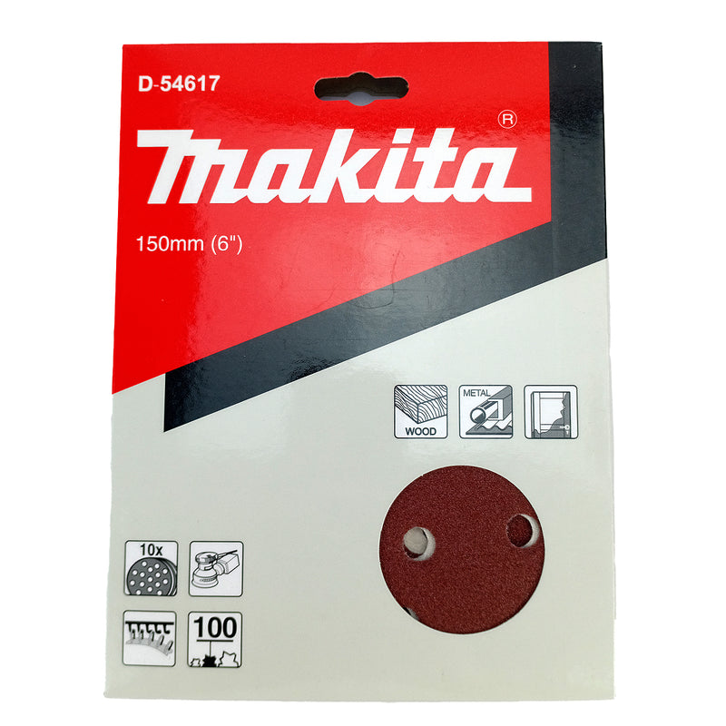 Hộp 10 giấy nhám tròn đục lỗ 150mm ( 6 inch ) Makita cho gỗ, sơn, kim loại dùng với đế gai ( Cấp 2 sao )