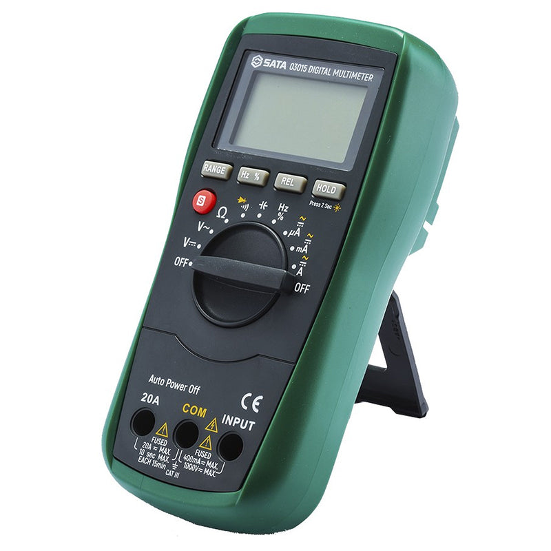 Đồng hồ vạn năng kỹ thuật số SATA 03015 đa năng, đo điện áp 1000V, dòng điện 20A, tự động chọn thang đo, màn hình LCD 3999 Counts, đèn nền, an toàn CAT III 1000V.