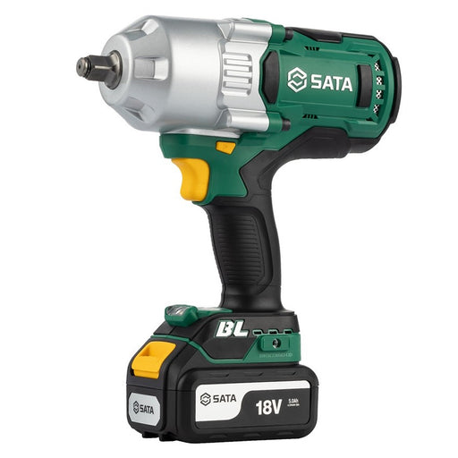 Máy siết bu lông SATA 51075 18V Brushless cốt 1/2 inch, lực siết 1000Nm, 3 cấp tốc độ, động cơ không chổi than, tay cầm bọc cao su, đèn LED.