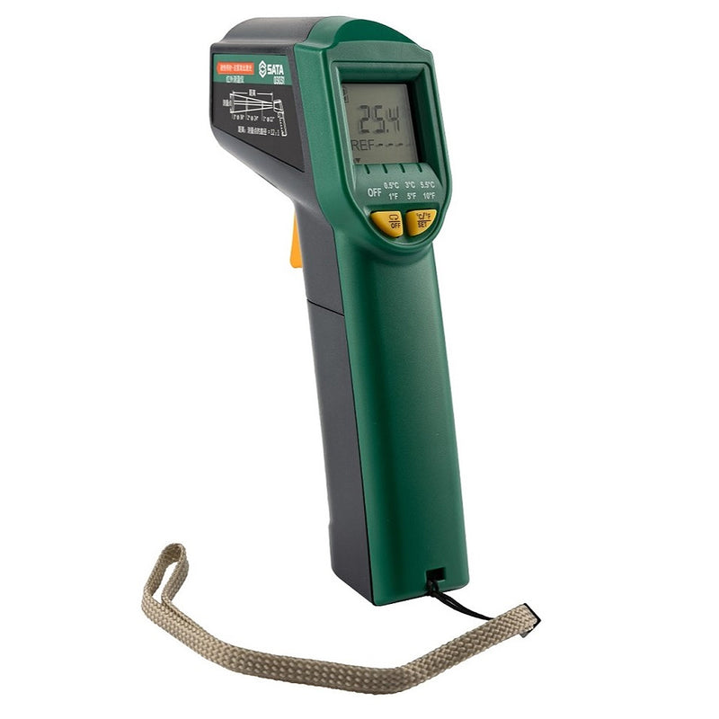Máy đo nhiệt độ hồng ngoại SATA 03031, đo không tiếp xúc -38°C đến 520°C, LCD, cầm tay, ứng dụng công nghiệp.