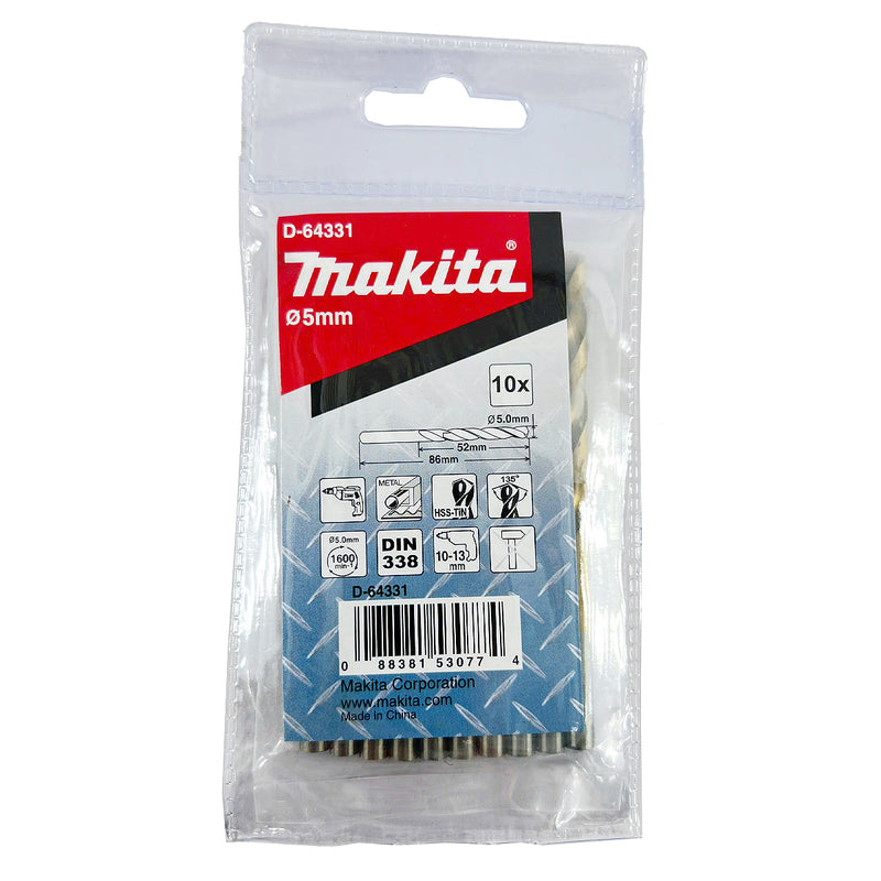 Túi 10 mũi khoan kim loại HSS-Tin Makita loại kinh tế, kích thước từ 1mm - 8mm, đuôi trơn ( Cấp 2 sao )