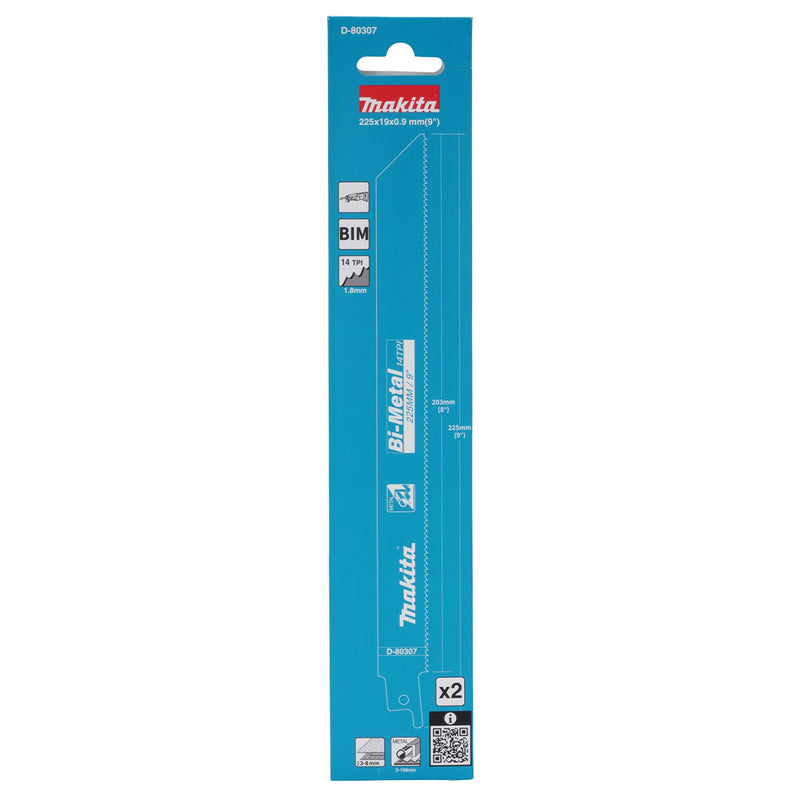 Hộp 2 lưỡi cưa kiếm Bi-Metal Makita D-80307 dùng cho kim loại, số răng 14 TPI, chiều dài 225mm