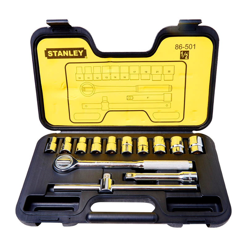 Bộ đầu tuýp 12 cạnh kèm cần siết cốt 1/2 inch 14 chi tiết Stanley 86-501 đựng trong hộp nhựa đen chính hãng