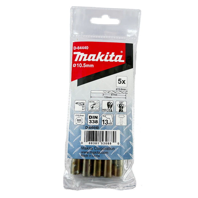 Túi 5 mũi khoan kim loại HSS-Tin Makita loại kinh tế, kích thước từ 8.5mm - 13mm, đuôi trơn
