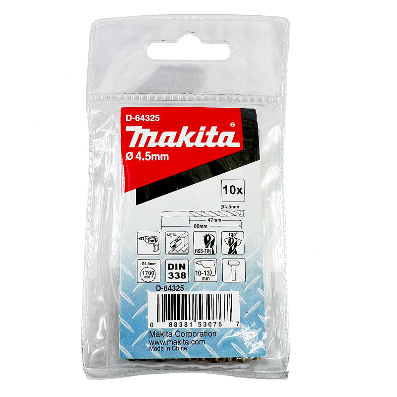 Túi 10 mũi khoan kim loại HSS-Tin Makita loại kinh tế, kích thước từ 1mm - 8mm, đuôi trơn ( Cấp 2 sao )