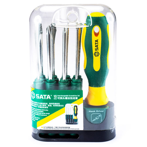 Bộ tua vít đa năng SATA 09345 10 chi tiết với đầu móc nạy và tay cầm chống trượt, lý tưởng cho sửa chữa điện, cơ khí.