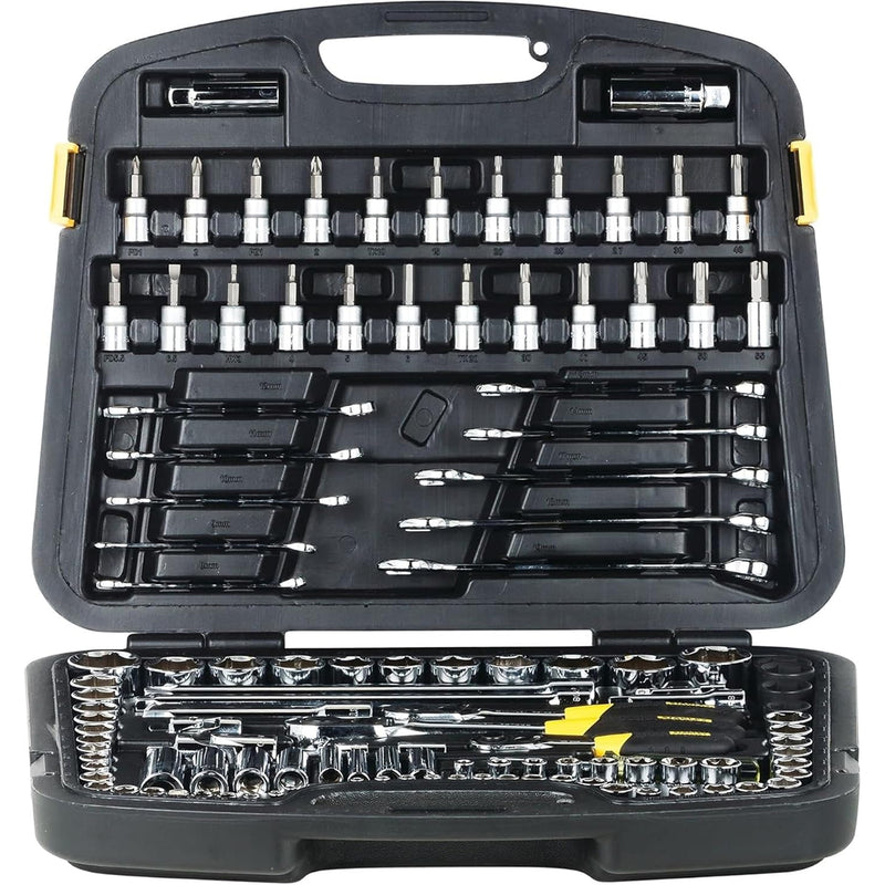 Bộ dụng cụ tổng hợp 120 chi tiết Stanley 91-931 gồm đầu tuýp 1/4 inch, 3/8 inch, 1/2 inch, cờ lê và đầu vít