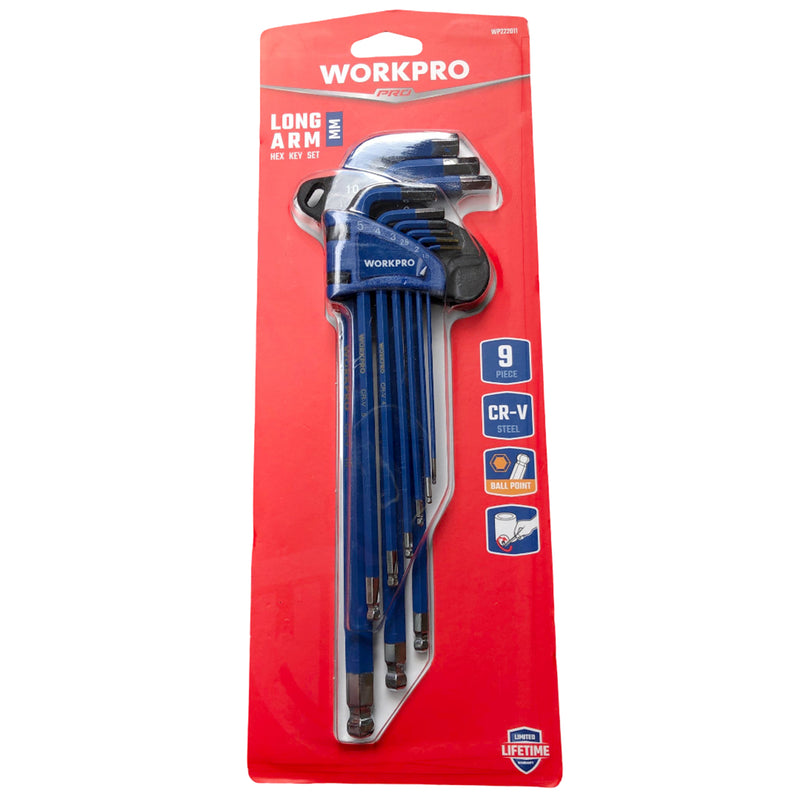 Bộ lục giác đầu bi thân dài 9 chi tiết, hệ mét Workpro WP222011 kích thước từ 1.5mm - 10mm