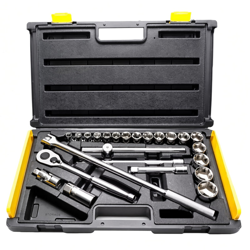 Bộ đầu tuýp 6 cạnh kèm cần siết cốt 1/2 inch 25 chi tiết Stanley 86-589-1 đựng trong hộp nhựa đen vàng cao cấp