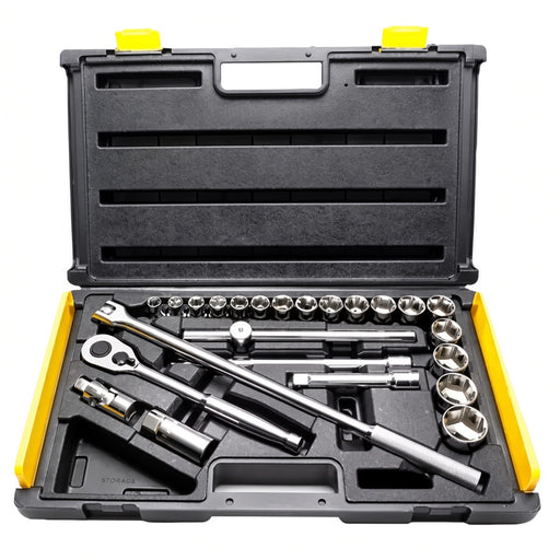 Bộ đầu tuýp 6 cạnh kèm cần siết cốt 1/2 inch 25 chi tiết Stanley 86-589-1 đựng trong hộp nhựa đen vàng cao cấp